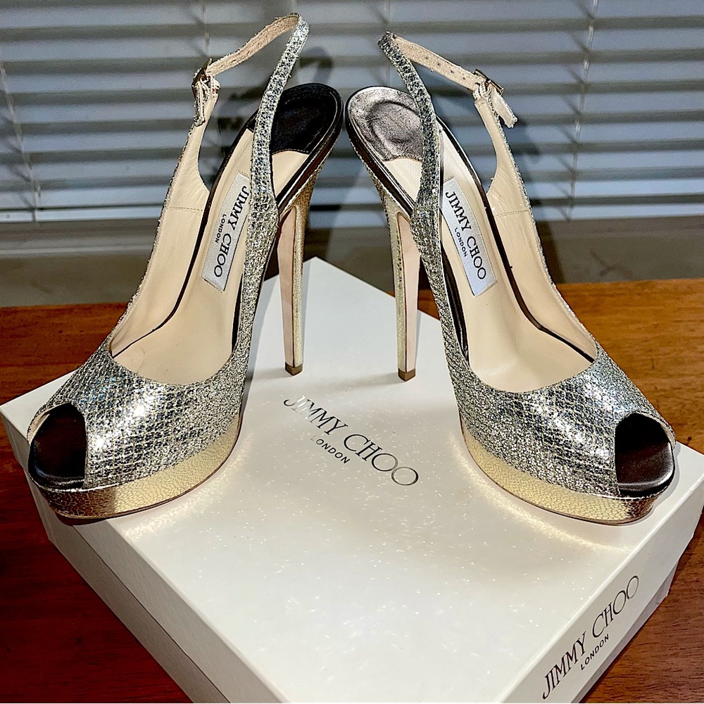 Jimmy Choo Platform Heels - Champagne Glitter (Size 37.5)